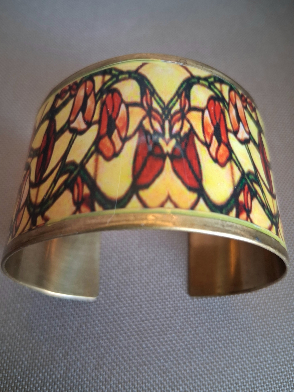 Vintage Unique Art Nouveau Floral Enamel Wide Cuff Bracelet - Yellow & Red